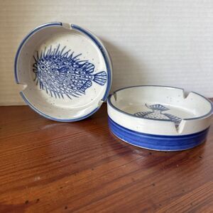 2 Hand Painted Studio Pottery Fish Ashtrays/Trinket Dishes Blue & White Decor